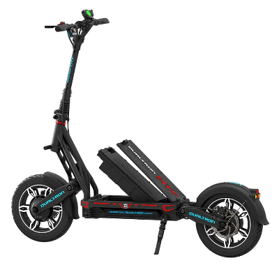 A black dual-wheel electric scooter with a step-through frame, large knobby tires, and a prominent battery pack mounted under the deck. The brand name 'DUAL HOT' is clearly visible on the wheels, frame, and battery.